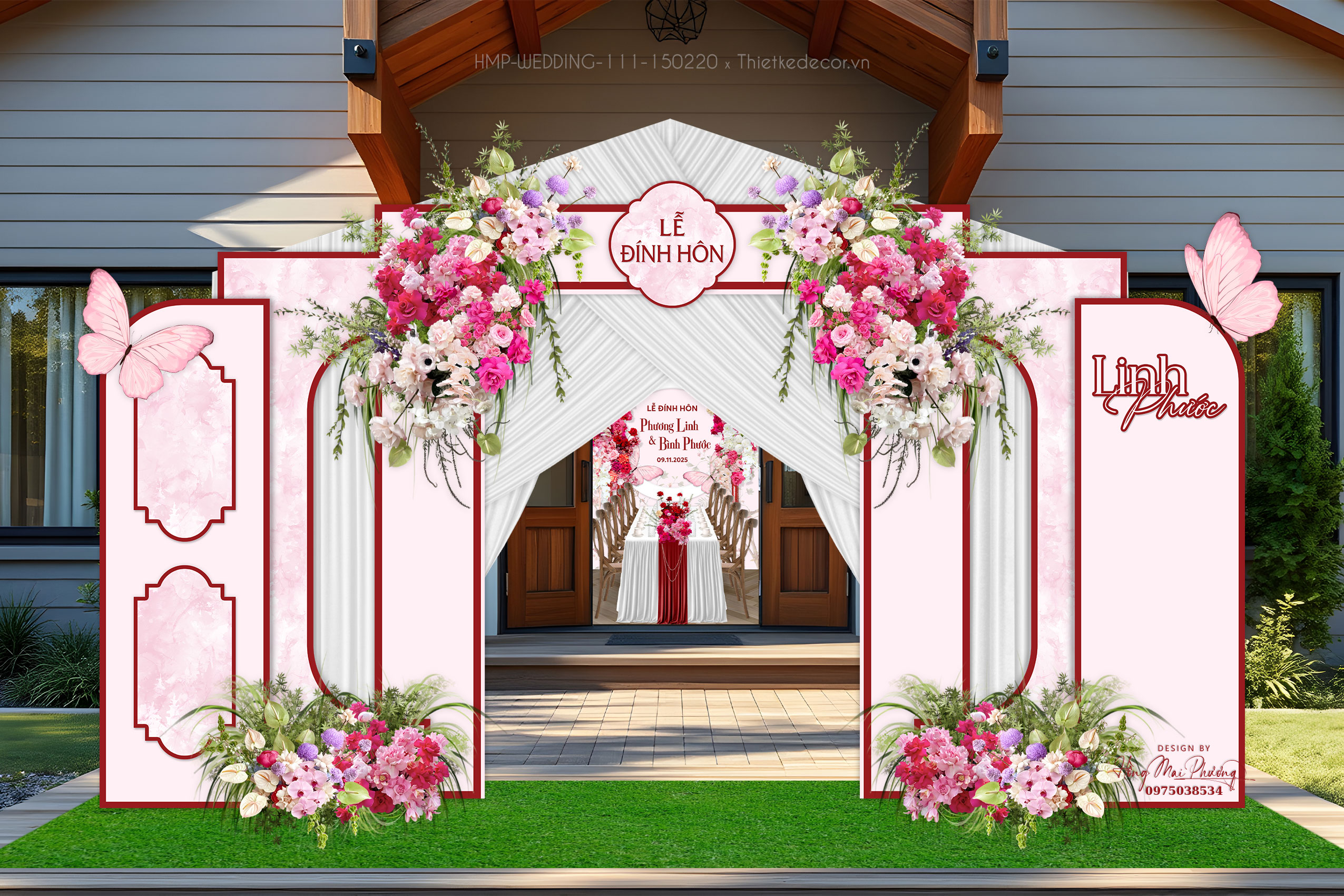 Cổng cưới tone hồng mix bướm.